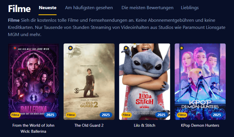 Screenshot der Filmpalast-Oberflaeche die verschiedene Filmtitel und Serienepisoden anzeigt